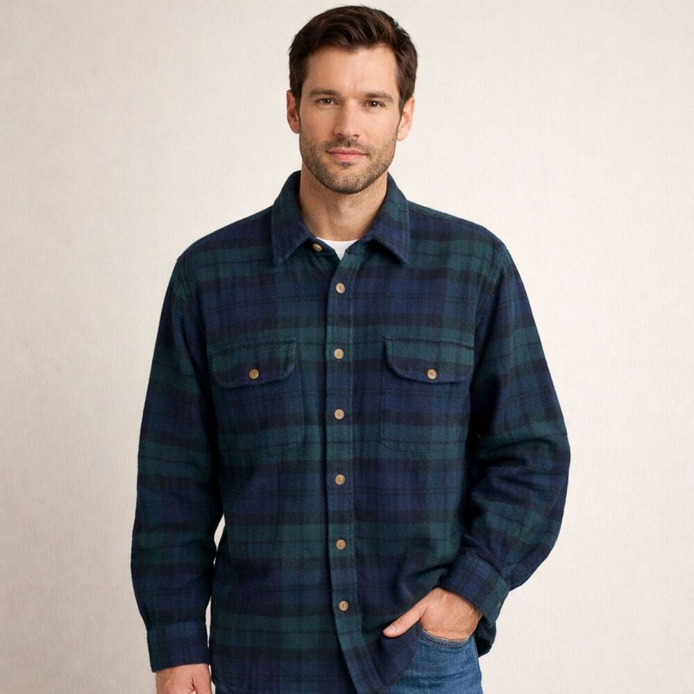 Lord & Taylor Wool Button Up Shirt Mens Size L VTG 80s Black Watch Tartan Plaid